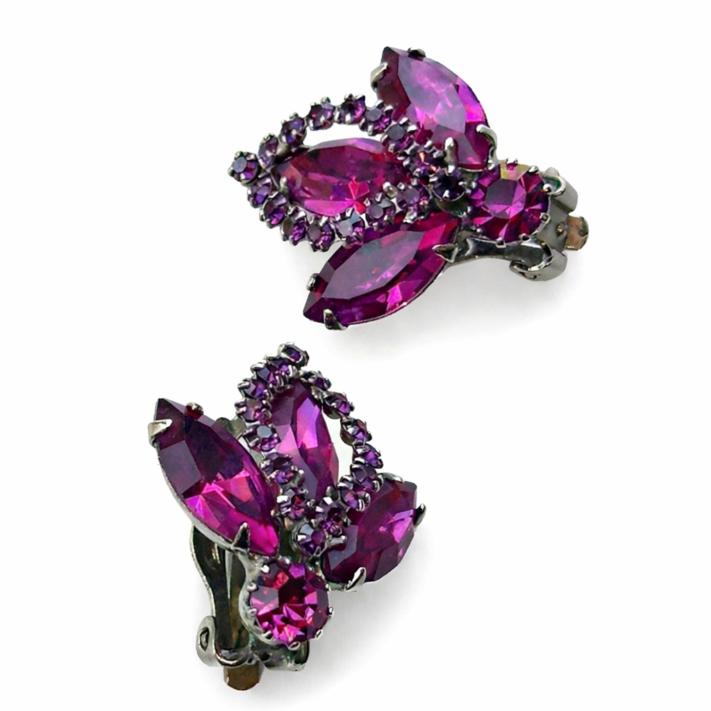 Weiss Vintage Fuchsia Rhinestone Clip-On Earrings Gunmetal Glam Statement 56$